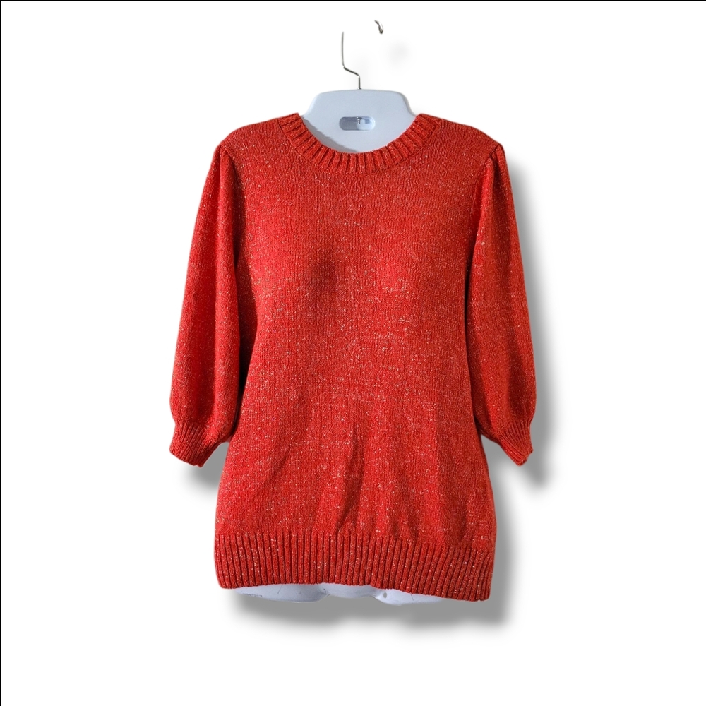 Reba | Y2K Vibrant Reddish Orange/Gold Shimmer 3/4 Puff Sleeve Knit Sweater